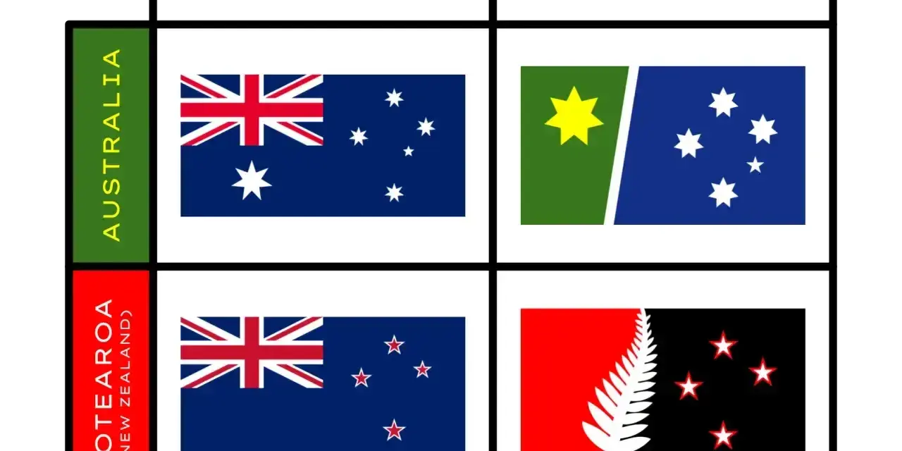 Porównanie starych i nowych flag Australii i Nowej Zelandii. Widoczne są flagi Australii i Aotearoa (Nowej Zelandii) w wersjach "OLD" i "NEW".