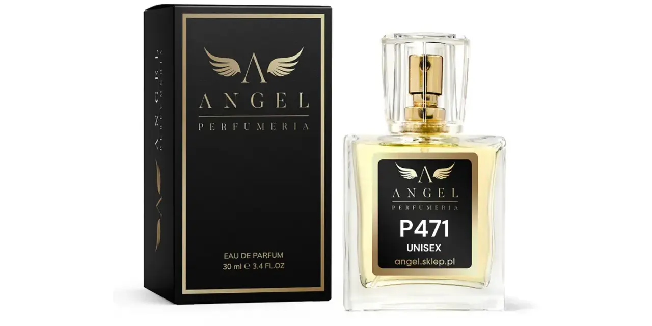 Elegancki perfum 30 ml marki Angel, P471 Unisex, w szklanym flakonie z atomizerem i czarnym, złotym pudełkiem.