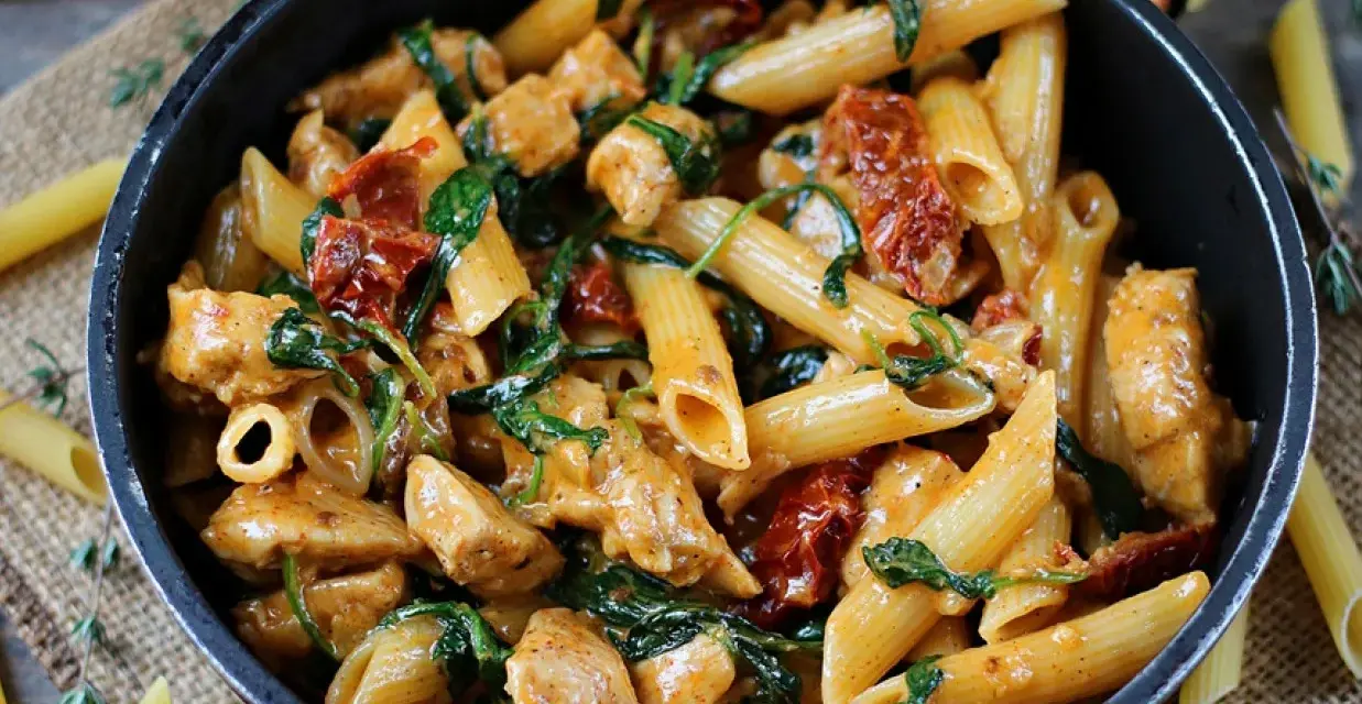 Makaron penne z kurczakiem, szpinakiem i suszonymi pomidorami w sosie.