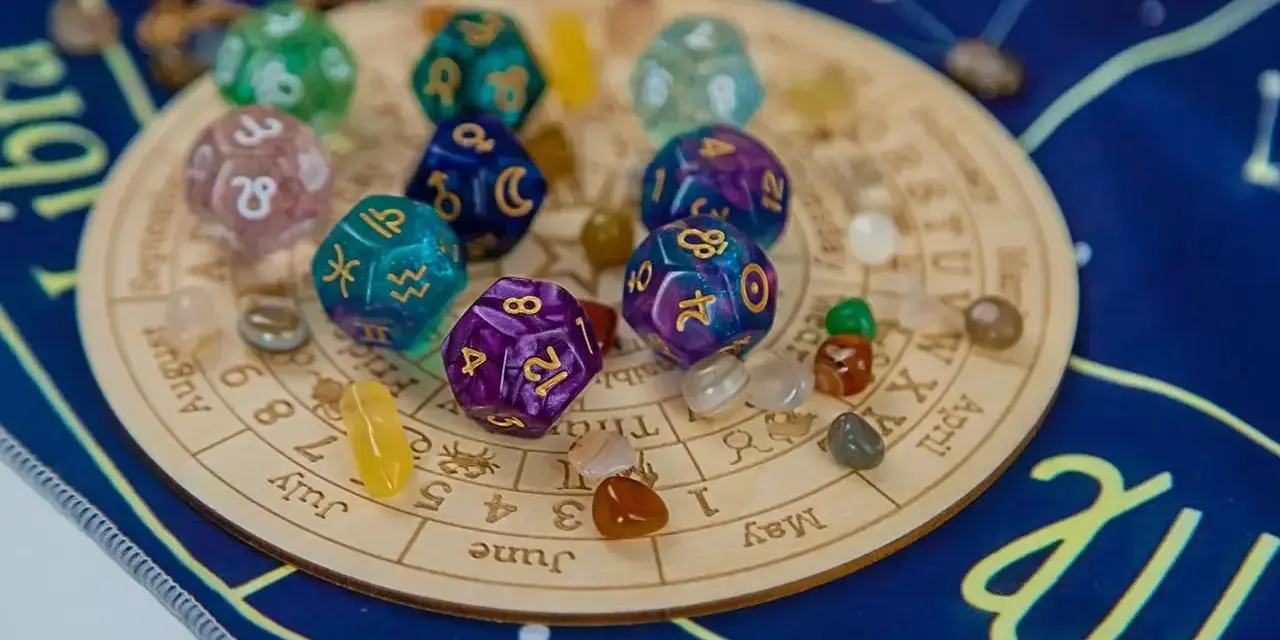Kości z symbolami zodiaku i numerami 5 i 9, kamienie i talizmany na tle zodiakalnym.