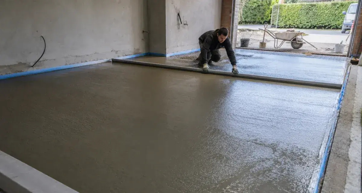 Pracownik wyrównuje świeżą wylewkę betonową na zewnątrz, przygotowując podjazd.