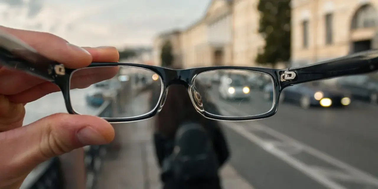 Okulary trzymane przed zamazanym miejskim tłem z samochodami.