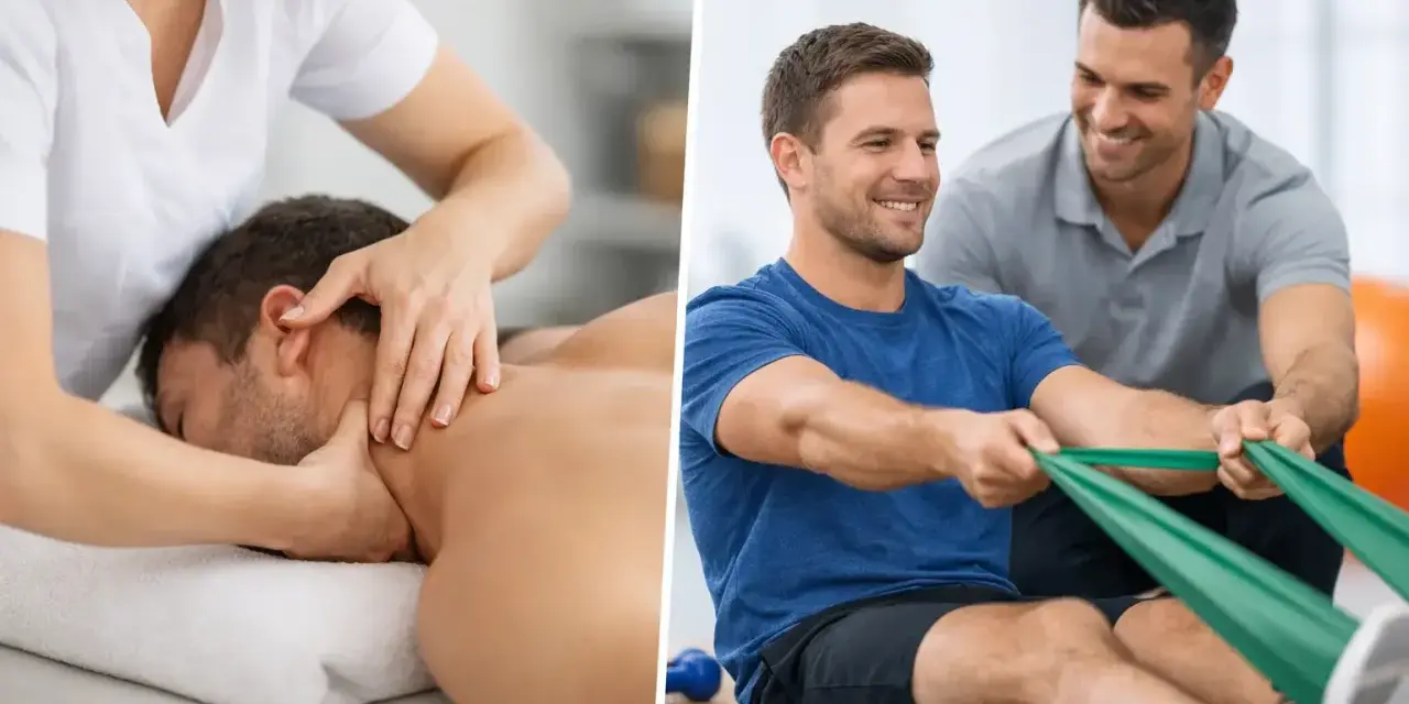 Mann erhält Nackenmassage, ein anderer Mann trainiert mit Theraband. Beide erfahren professionelle manuelle Therapie für Wohlbefinden und Fitness.