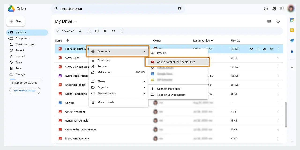 Wybieranie opcji "Otwórz za pomocą Adobe Acrobat dla Google Drive" w chmurze Google.
