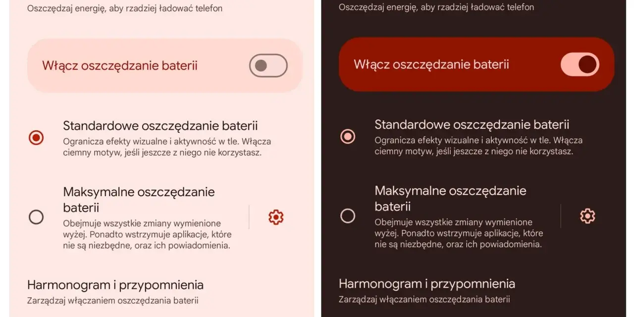 Dwa ekrany telefonu z opcjami oszczędzania baterii. Po lewej jasny motyw, po prawej ciemny. Oba pokazują włączony tryb oszczędzania energii.