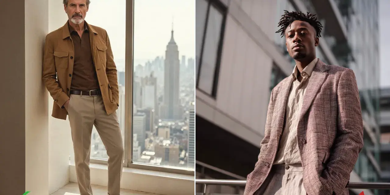 Hombre con chaqueta y pantalón beige, estilo smart casual. Otro hombre con chaqueta de cuadros y pantalón gris.