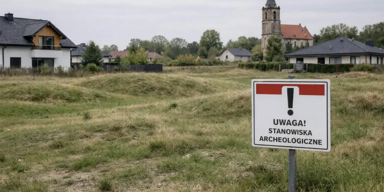 Tablica informuje o stanowiskach archeologicznych. W tle domy i kościół.