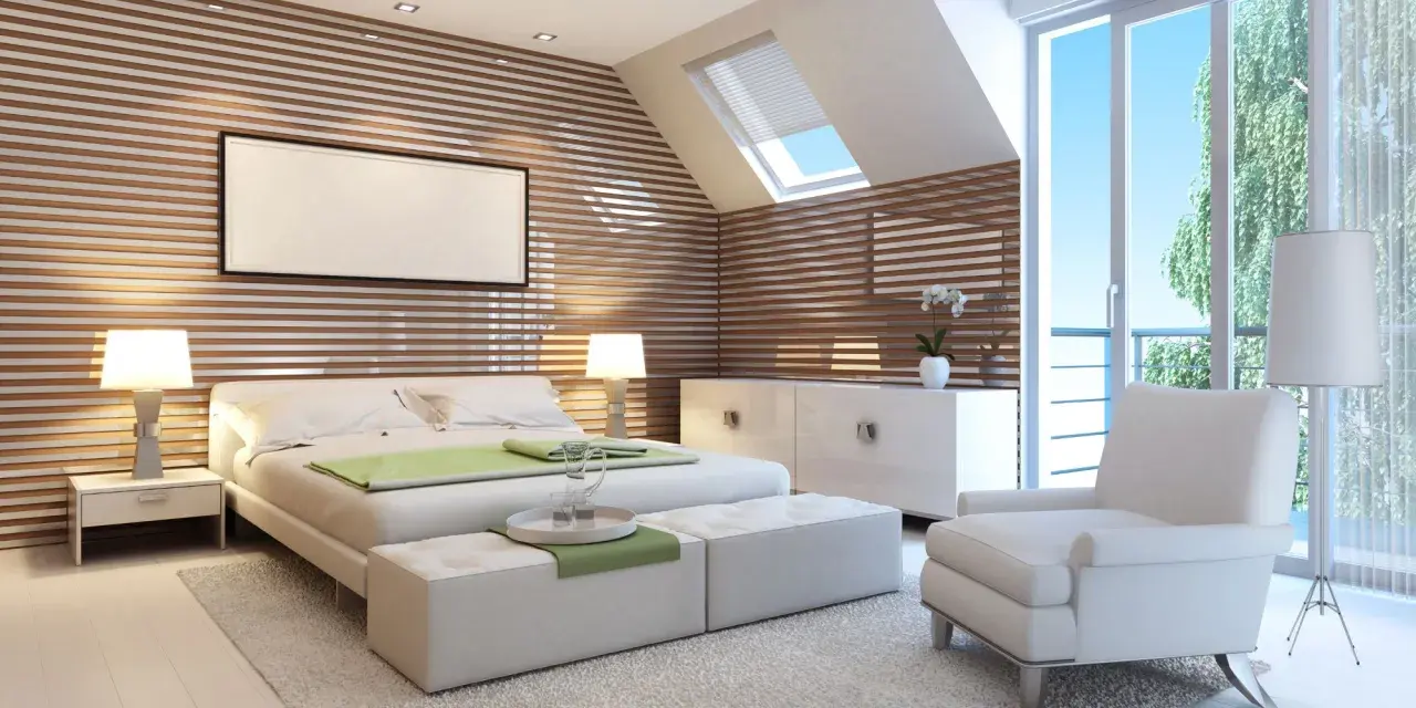 Chambre moderne avec mur en lattes de bois. Estimation du prix pour peindre une chambre de 12m2.