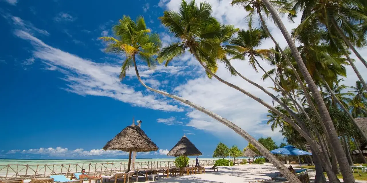 Rajska plaża z palmami i leżakami. Zastanawiasz się, ile się leci na Zanzibar? Tu odpoczniesz od zgiełku.