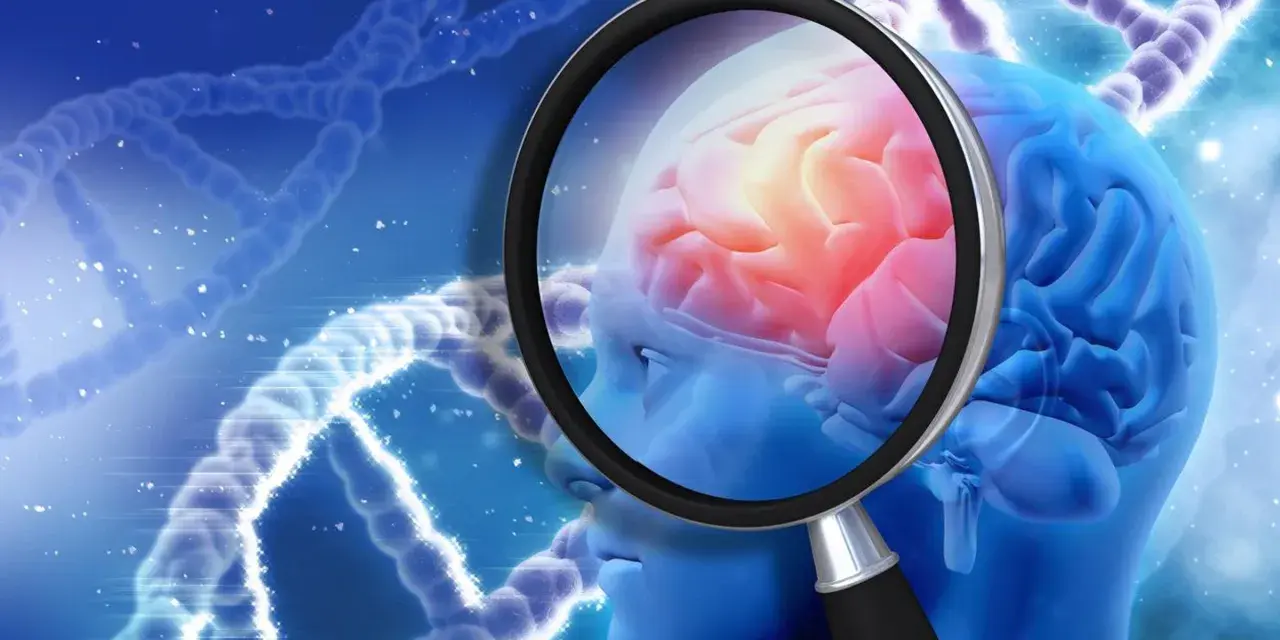 Badanie mózgu pod lupą, szukając przyczyn katatonii. W tle struktury DNA.