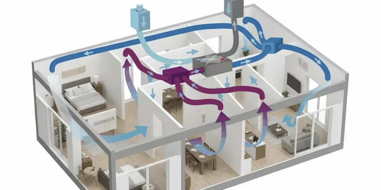 Schema che illustra vmc come funziona: aria fresca immessa (blu) e aria viziata estratta (viola) in un appartamento, con unità centralizzata.