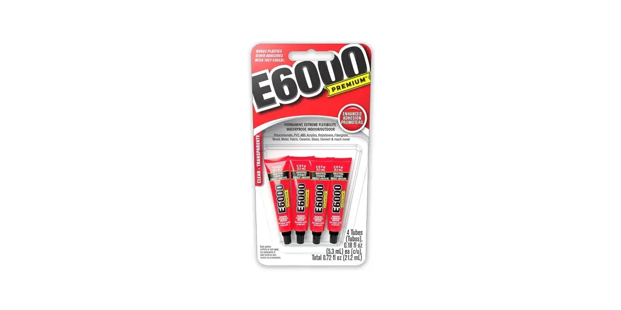 E6000 Premium adhesive bonds plastics like Polycarbonate, PVC, and ABS. This package contains four tubes of clear, industrial-strength contact adhesive.