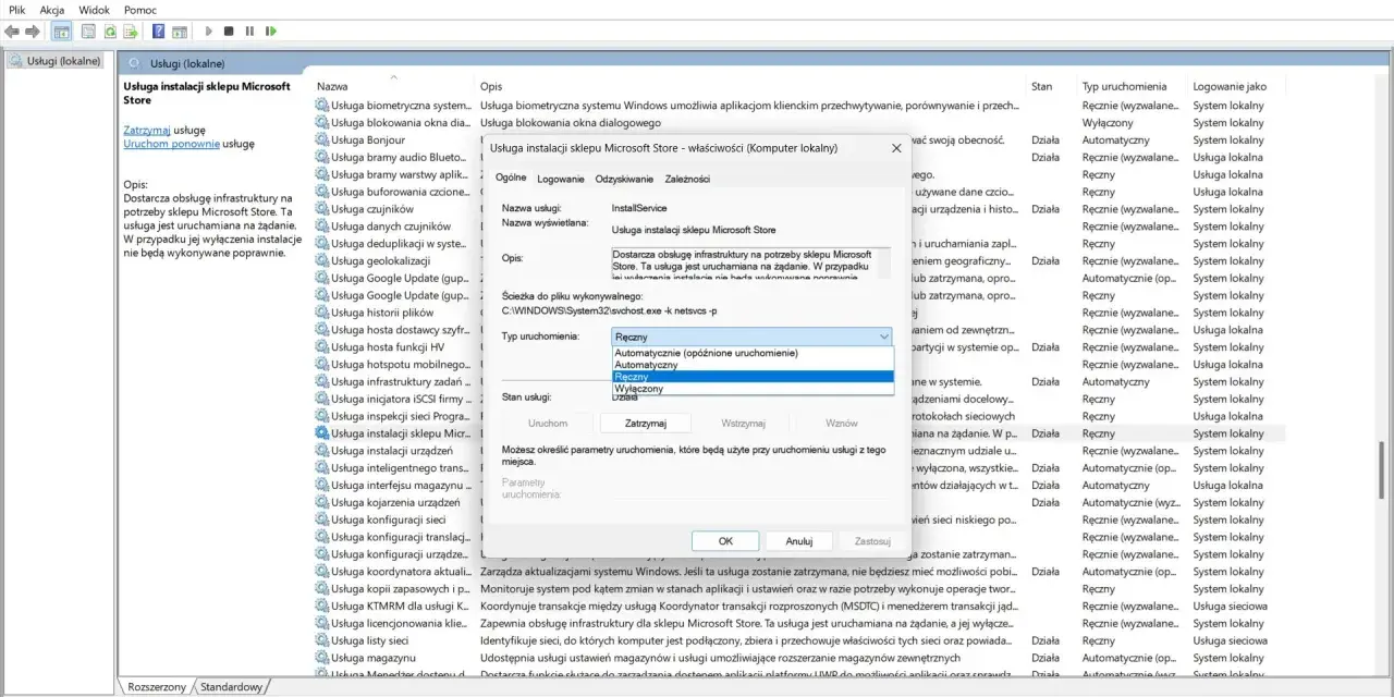 Wyłączanie usługi instalacji sklepu Microsoft Store w celu **windows 11 debloat**.