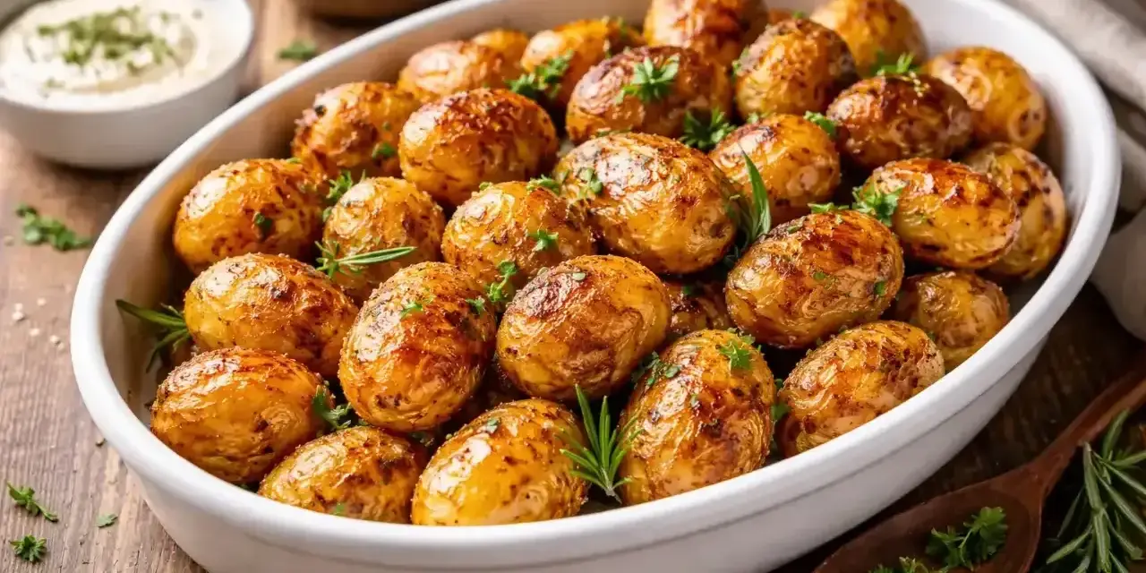 Pommes de terre grenaille dorées et croustillantes, préparées à l'airfryer, garnies d'herbes fraîches.