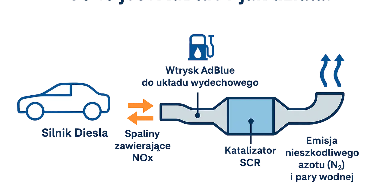 Schema che illustra cos'è AdBlue: iniezione nel sistema di scarico, catalizzatore SCR e emissioni innocue di azoto e vapore acqueo.