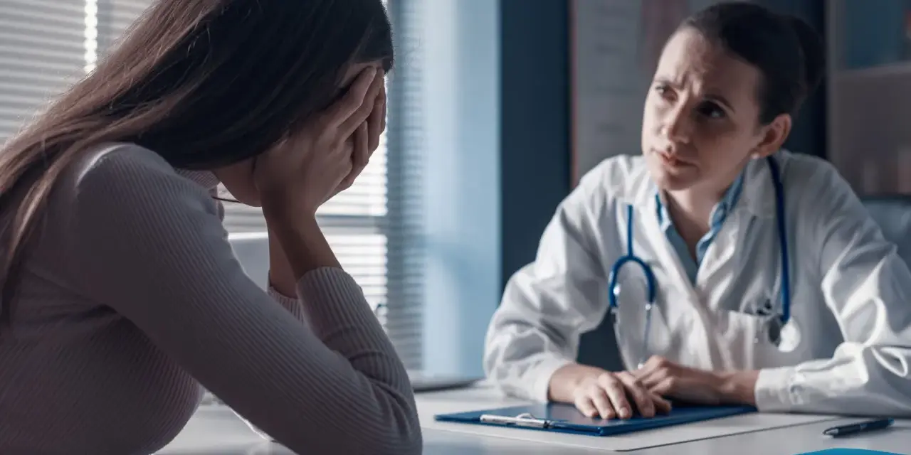 Kobieta w gabinecie lekarskim, ze smutkiem ukrytym w dłoniach, słucha diagnozy. Lekarka z troską pochyla się nad dokumentami, być może omawiając poronienie chybione.