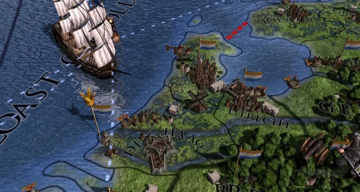 Un barco navega cerca de la costa de Holanda en Europa Universalis IV. ¡Descubre trucos para conquistar Europa!