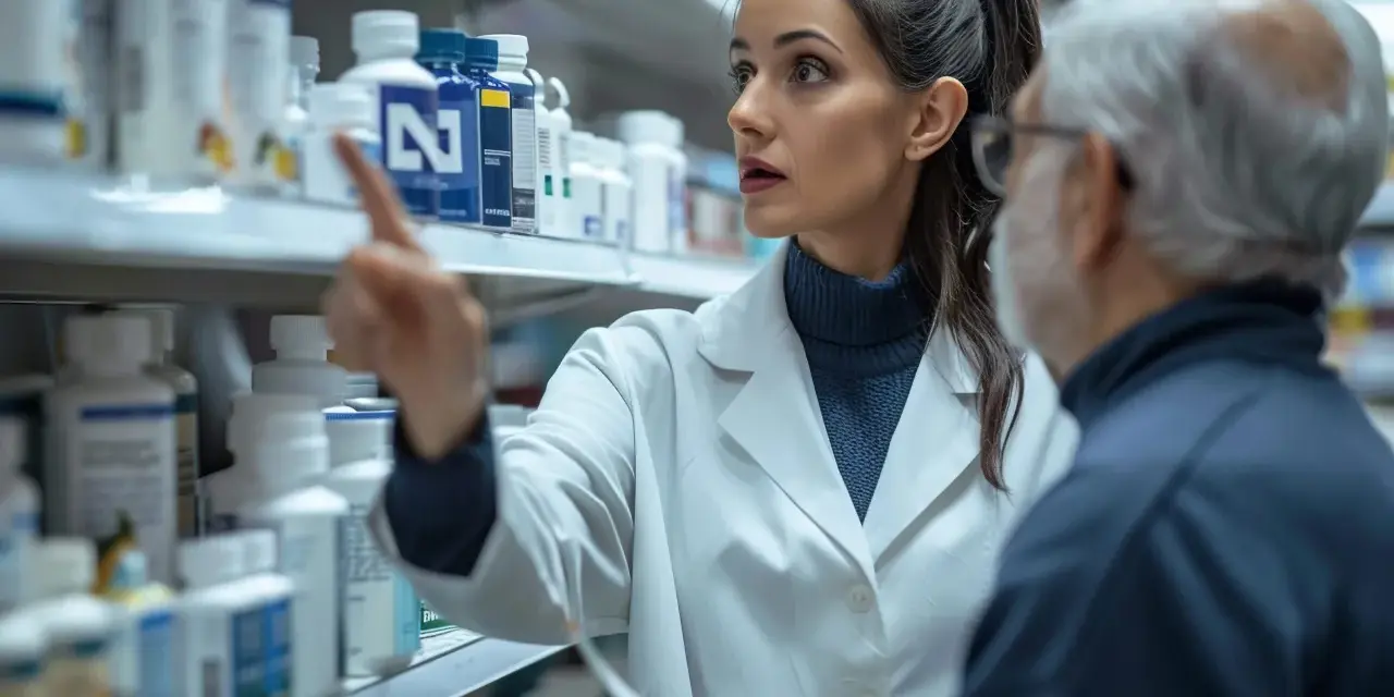 Młody technik farmacji w białym fartuchu wskazuje starszemu panu na lek na półce aptecznej.