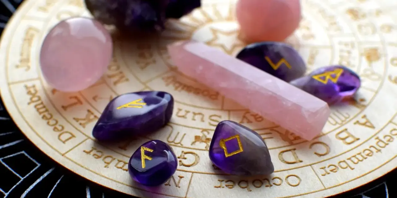 Kamienie z runami, w tym symbol przypominający kobietę skorpiona, leżą na drewnianej tarczy z miesiącami i znakami zodiaku.