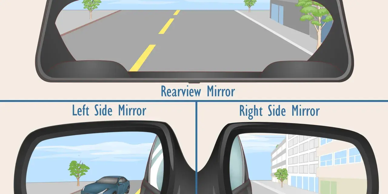 Guida su come regolare gli specchietti elettrici per una visibilità ottimale: specchietto retrovisore e laterali mostrano la strada e le auto circostanti.