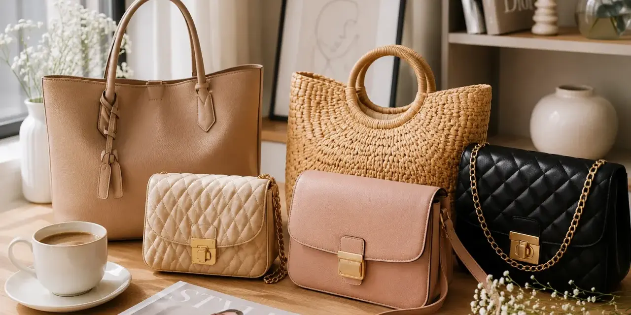 Kolekcja torebek: beżowy shopper, pikowana beżowa kopertówka, pudrowy różowy listonoszka i czarna pikowana torebka na łańcuszku. Znane marki torebek w eleganckiej aranżacji.