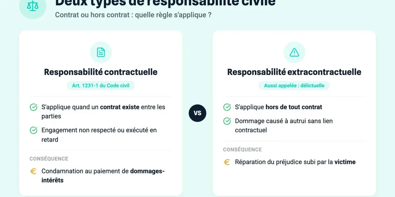 Deux types de responsabilité civile : contractuelle (Art. 1231-1 du Code civil) et extracontractuelle. La première concerne les contrats, la seconde les dommages hors contrat.