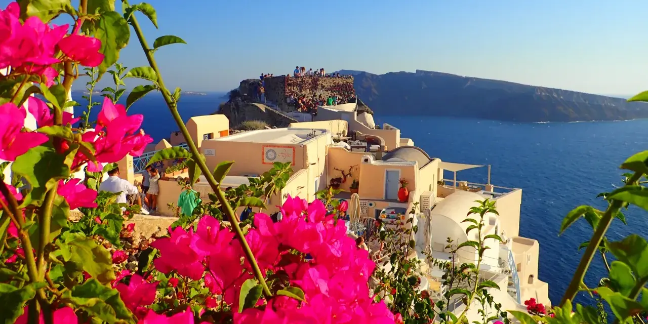 Vibrant pink bougainvillea frames a view of Santorini, Greece. People gather on ancient ruins overlooking the Aegean Sea, a perfect spot for sunset views.