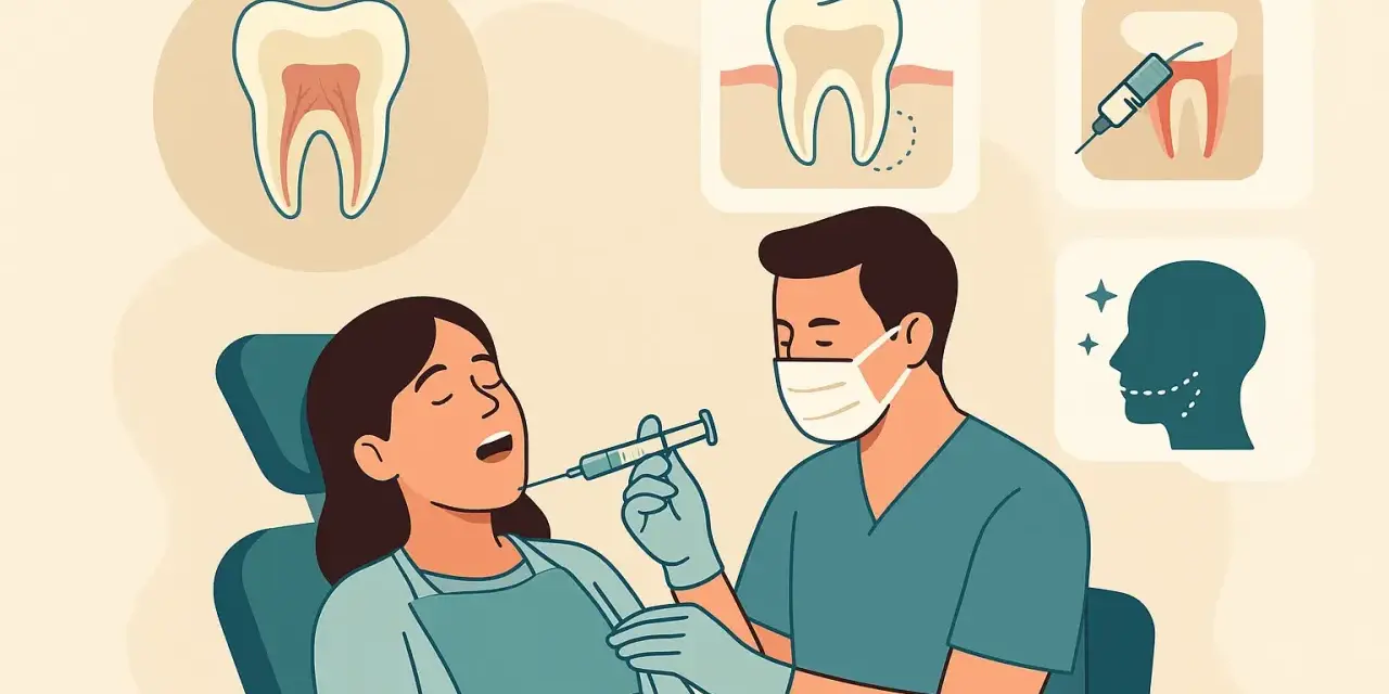 Dentysta podaje znieczulenie, być może propofol, pacjentce. W tle ikony zębów i uśmiechniętej twarzy.