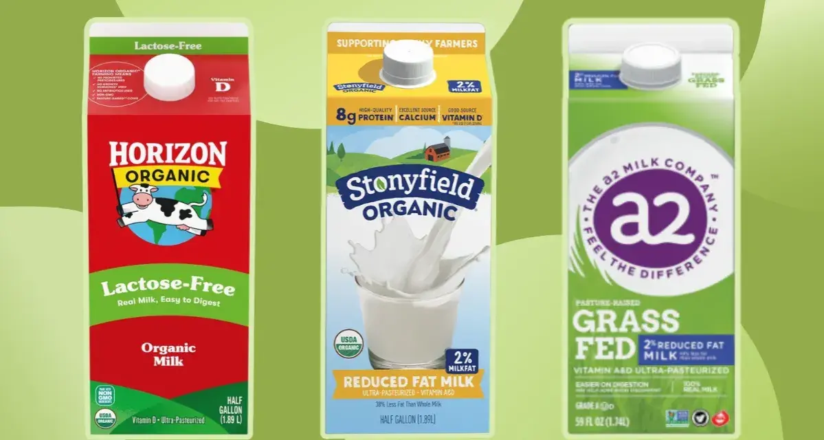 Trzy kartony mleka: Horizon Organic Lactose-Free, Stonyfield Organic Reduced Fat i A2 Milk Company Grass Fed. Które mleko jest najzdrowsze?