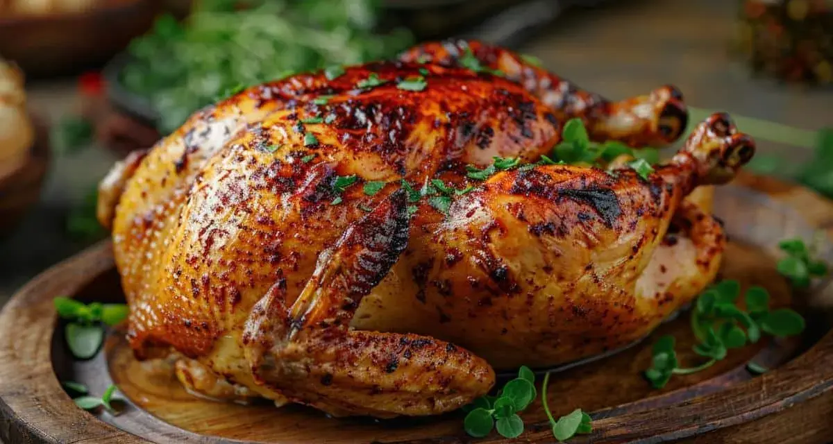 Un appétissant poulet au four, doré et croustillant, garni de persil frais sur un plateau en bois rustique.