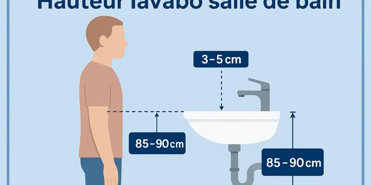 Illustration showing the ideal hauteur lavabo pmr : 85-90 cm du sol au bord, et 3-5 cm entre le robinet et le lavabo.