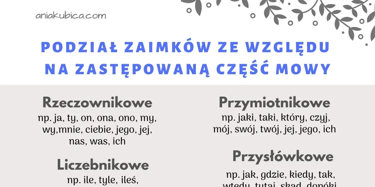 Podział zaimków ze względu na zastępowaną część mowy: rzeczownikowe, liczebnikowe, przymiotnikowe, przysłówkowe.
