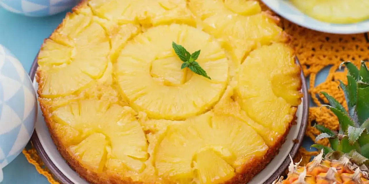 Gâteau renversé aux ananas, garni de menthe fraîche. Une délicieuse recette de gâteau ananas, parfaite pour le dessert.