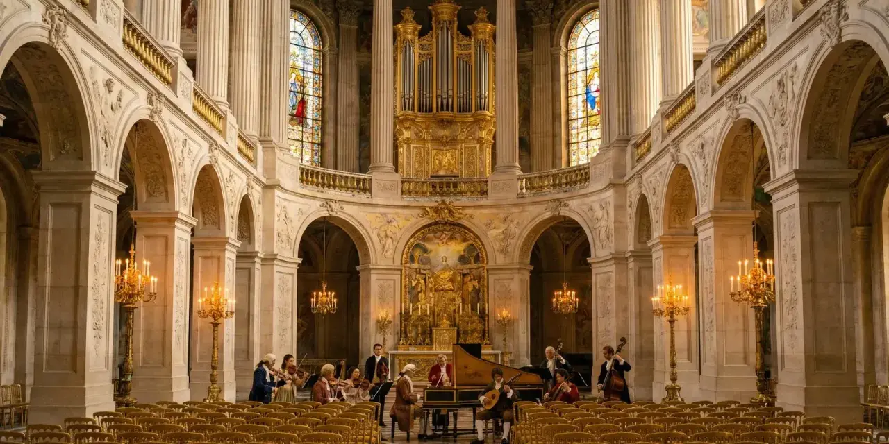 Un orchestre joue dans la chapelle royale de Versailles, devant un orgue doré et des vitraux.