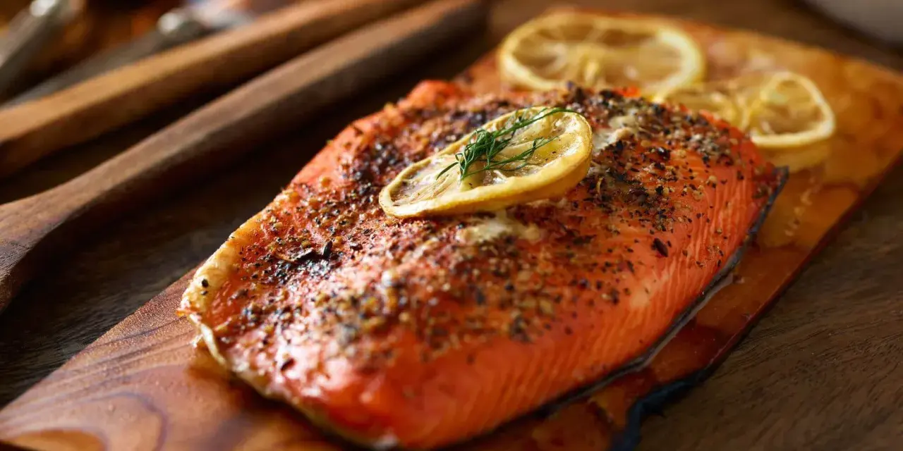 Perfekt gegarter Lachs auf Holzbrett, garniert mit Zitrone und Dill. Die ideale lachs kerntemperatur sorgt für saftigen Genuss.