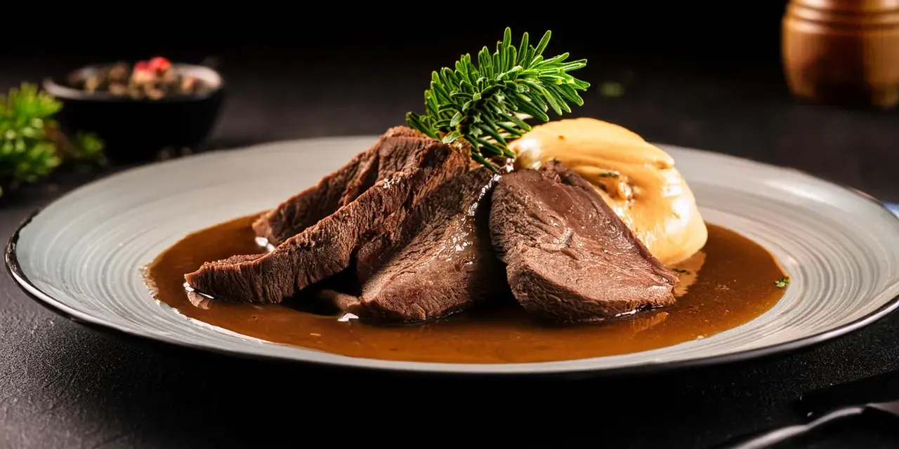Zartes Tafelspitz-Rezept auf einem Teller mit Sauce, Beilage und Rosmarinzweig.