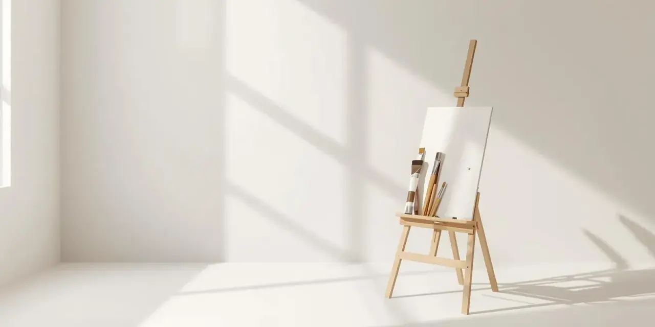 Chevalet en bois avec une toile avant peinture et des pinceaux, dans une pièce baignée de lumière naturelle.