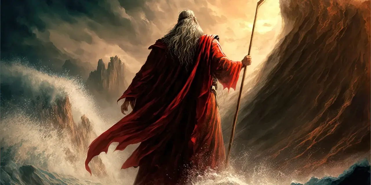Moses, the biblical prophet, parts the Red Sea with his staff, leading his people to freedom.