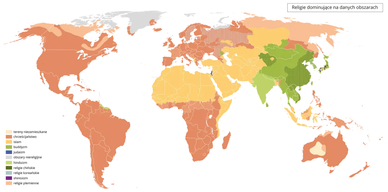 Mapa świata ukazująca dominujące religie. Tanzania, podobnie jak duża część Afryki, jest zaznaczona kolorem pomarańczowym, co oznacza chrześcijaństwo.