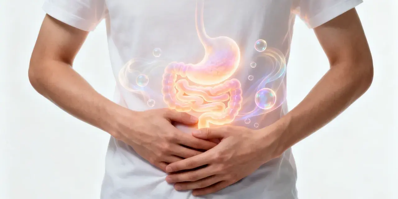 Ein Mann hält sich den Bauch, auf dem Magen und Darm leuchten. Bläschen und Rauch deuten auf ein Gluckern im Bauch hin.
