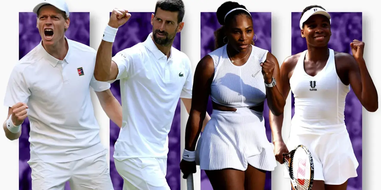 Tenistas celebran victoria. Novak Djokovic, Serena y Venus Williams, y otro jugador, listos para la acción cuando juega sinner.