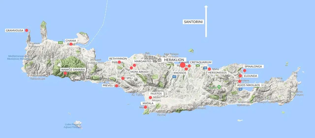 Kreta leży nad Morzem Śródziemnym. Mapa pokazuje główne miasta i atrakcje wyspy, od Chanii po Sitia.