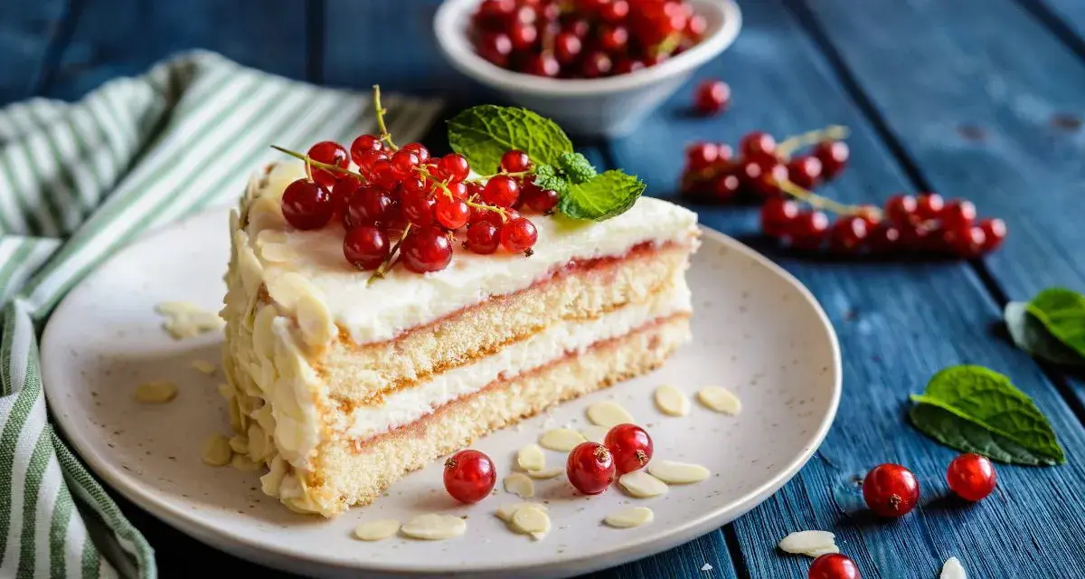 Pyszny tort z kremem i porzeczkami, idealny do przepisów na najmodniejsze ciasta.