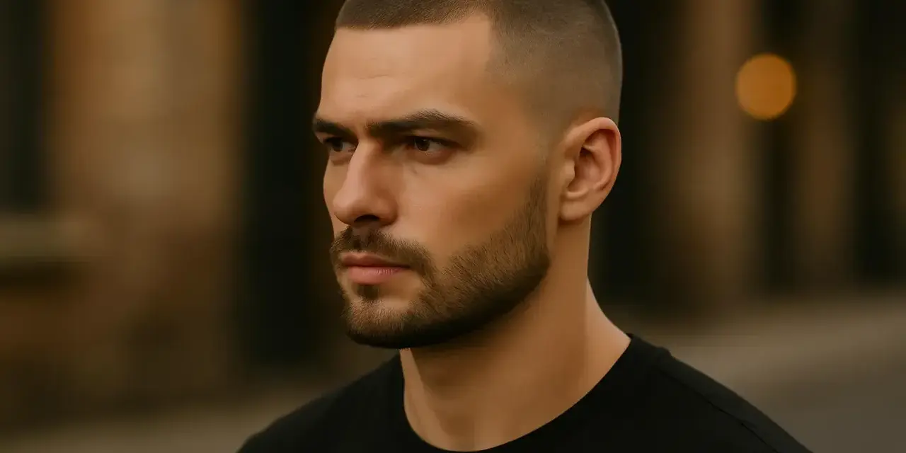 Hombre con un corte de pelo buzz cut y barba cuidada, mirando a lo lejos con expresión seria.