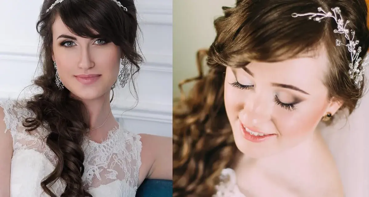Eleganckie fryzury na wesele z grzywką, warkocze i loki, ozdobione tiarami i spinkami.