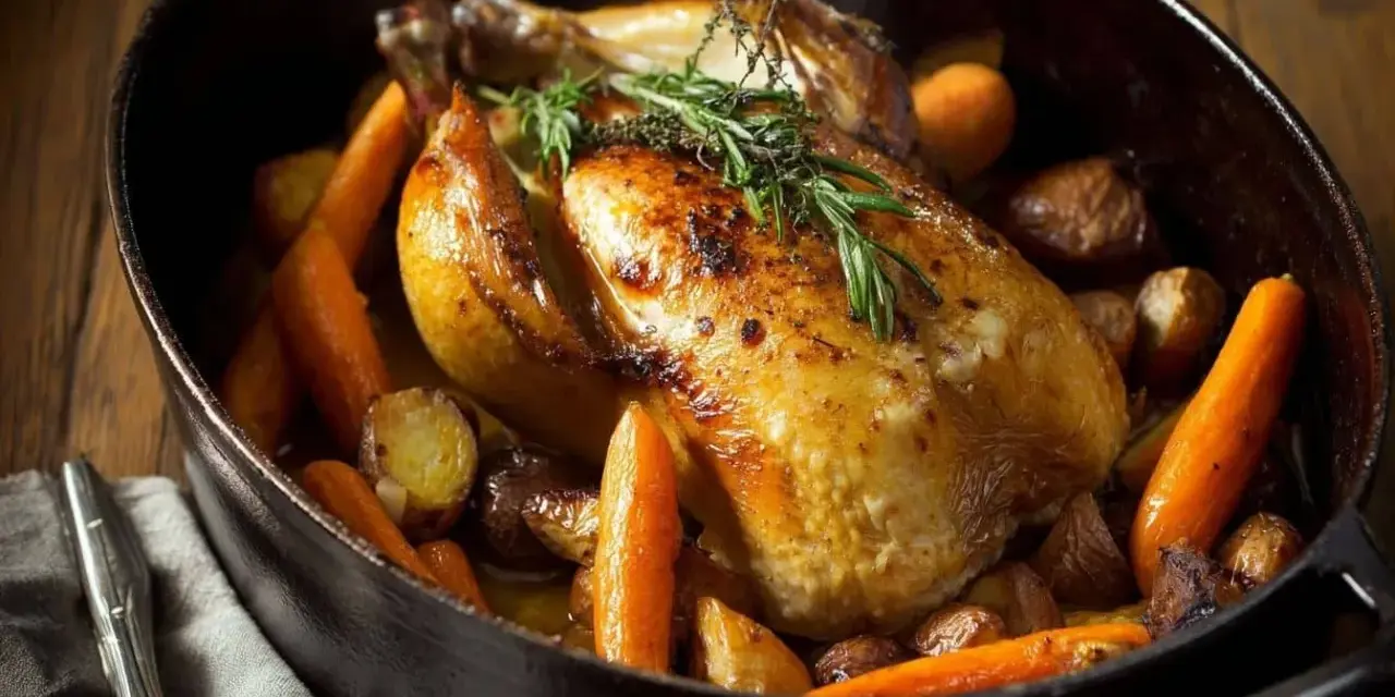 Une pintade en cocotte dorée, garnie de carottes et de pommes de terre rôties, avec des herbes fraîches. Un plat savoureux et réconfortant.