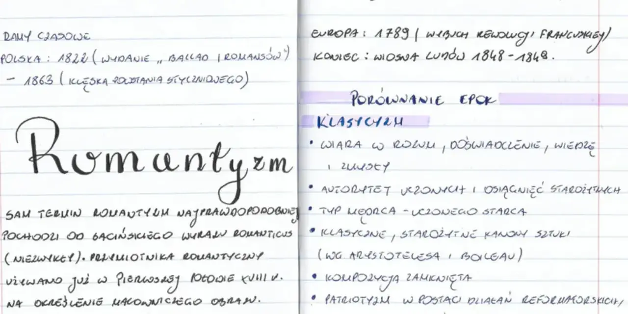 Ramy czasowe romantyzmu: Polska 1822-1863, Europa 1789-1848. Porównanie z klasycyzmem.