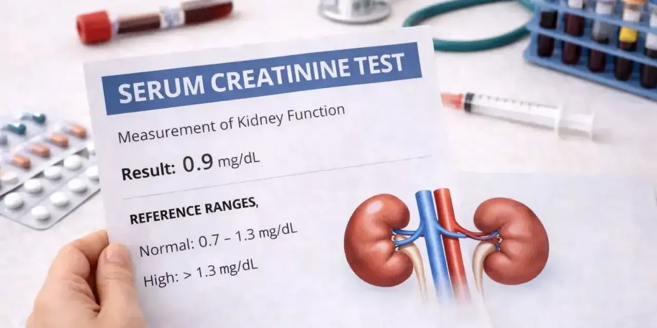 Wynik badania kreatynina 0.9 mg/dL, wskazujący na prawidłową funkcję nerek. Obok wyniki badań, próbki krwi i stetoskop.