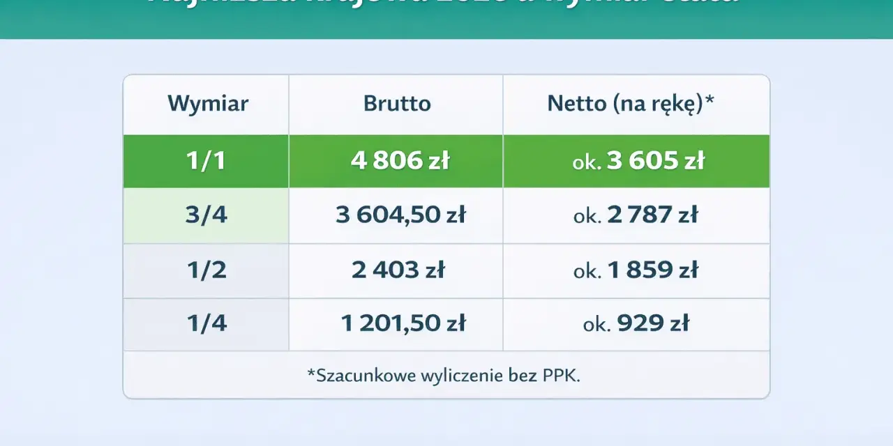 Tabela pokazuje najniższą krajową 2026. Wynagrodzenie za 3/4 etatu netto wynosi ok. 2 787 zł.