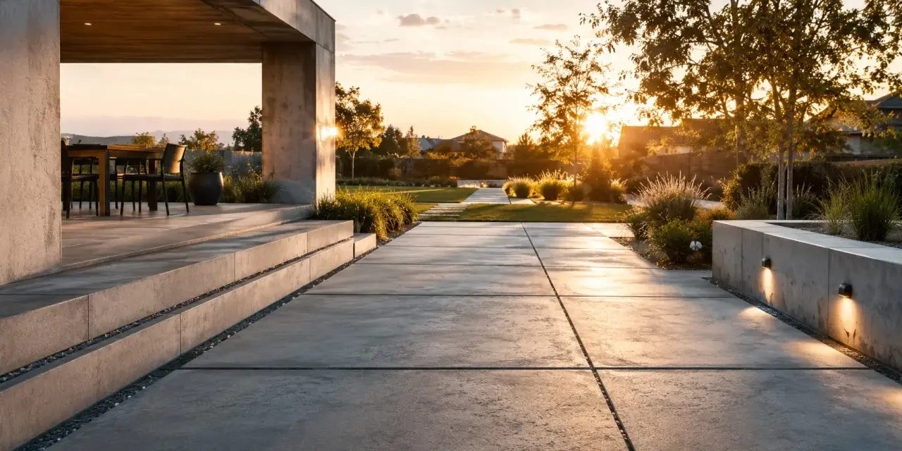 Allée en dalles de béton moderne, avec escalier et jardin paysager au coucher du soleil. Estimation du prix dalle béton 100m2.